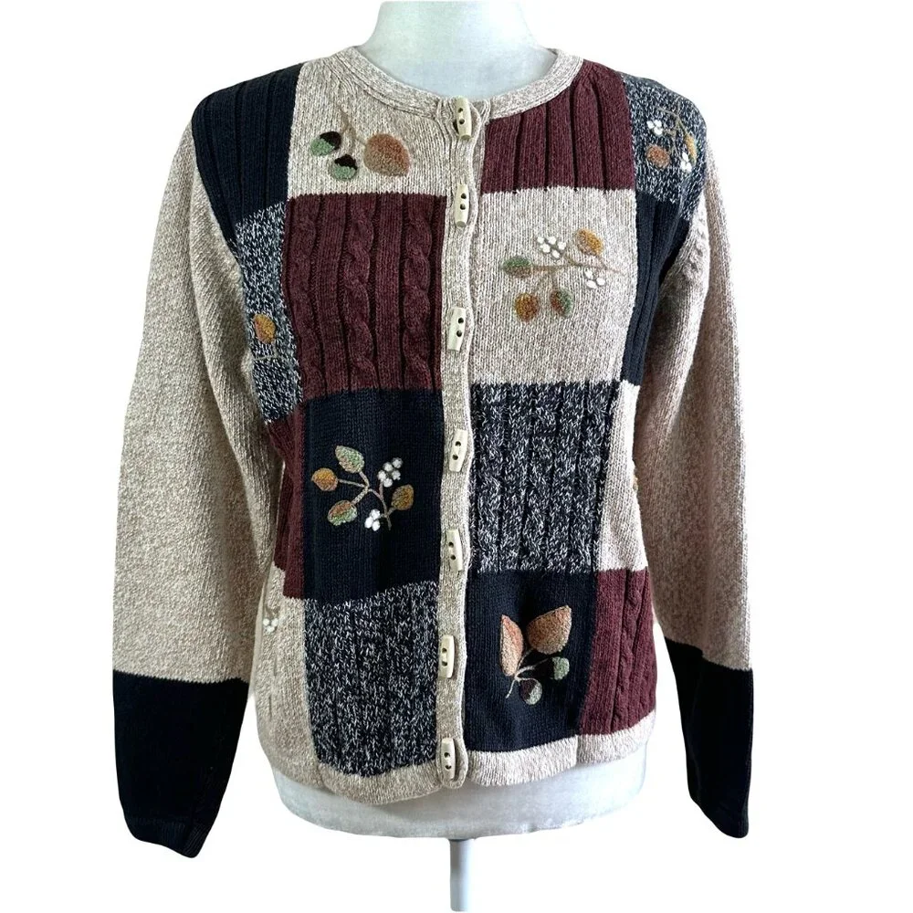 Cabin Creek Vtg 90 Cozy Knit Brown Embr. Cardigan Sweater
